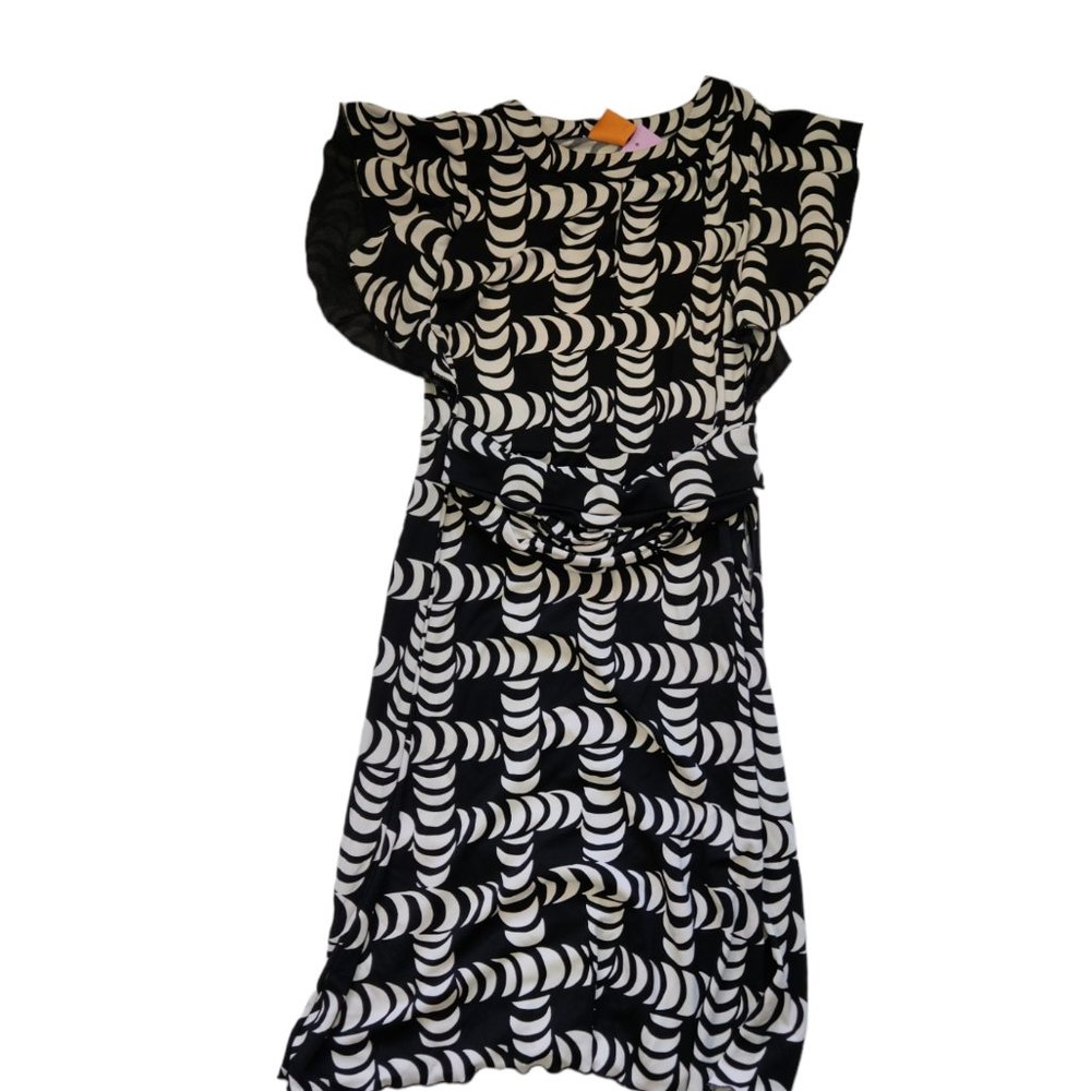 Tory Burch Black White Midi Dress Size Small Short Sleeve Matching Belt Pattern